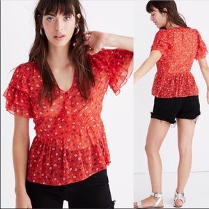 Madewell Red Floral Top Short Sleeve